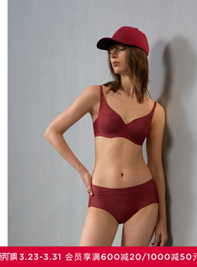AIMER CHUANG内衣女轻薄大罩杯大胸显小透气洞洞红色文胸内裤套装