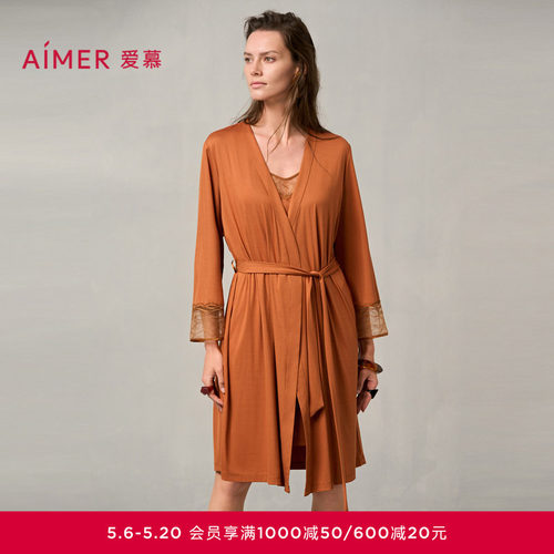 爱慕梦远星河睡衣女24秋冬薄款蕾丝晨袍莫代尔睡袍家居服AM48A041