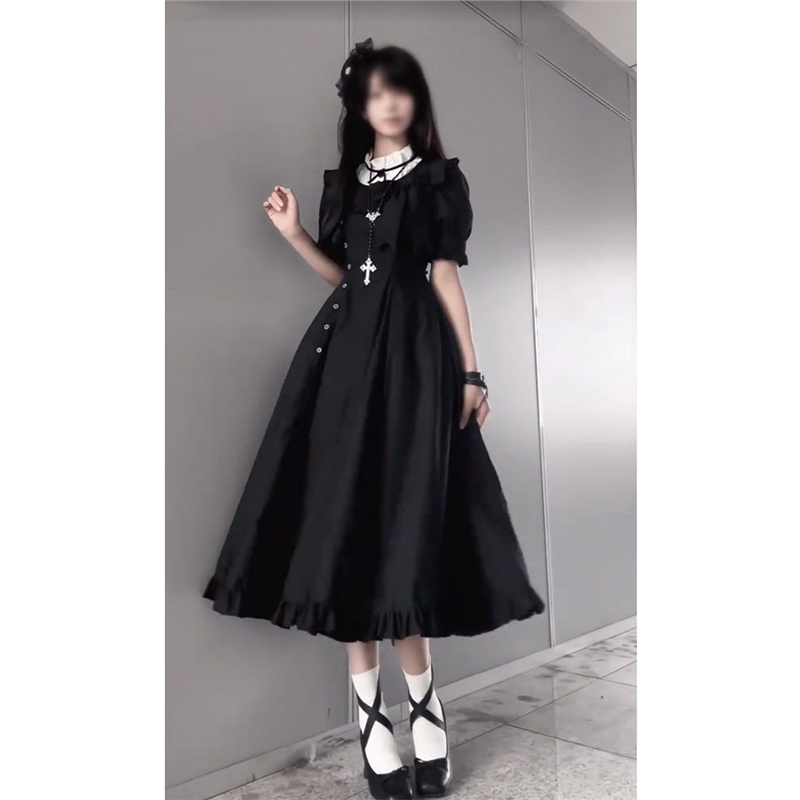 宇宙诗 片裁cla系优雅气质lolita连衣裙撞色拼接领暗黑系收腰长裙
