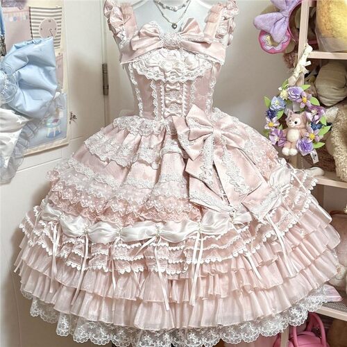 缘结恋曲粉色花嫁洋装收腰生日成人礼吊带JSK连衣裙lolita裙子