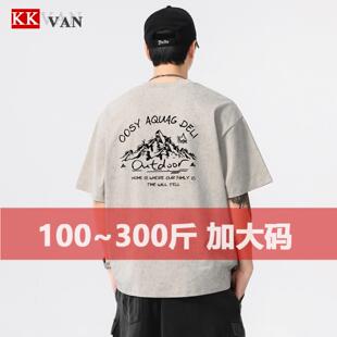 水洗扎染圆领T恤男280G重磅宽松印花短袖 100纯棉大码 新品 夏季 男装
