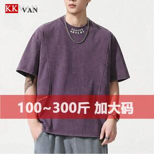 拼接T恤男宽松复古水洗做旧印花短袖 100%纯棉加大码 新品 夏季 男装