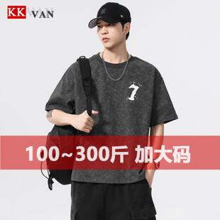 水洗扎染圆领T恤宽松潮插肩印花短袖 100%纯棉大码 新品 夏季 男 男装