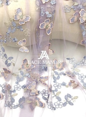 新款网纱刺绣立体蝴蝶花水溶蕾丝面料浅紫色深蓝色服装定制布料