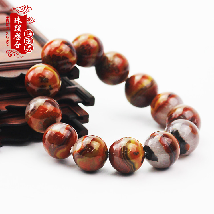 天然北票一块料缠丝晶体富贵文玩收藏级大号战国红手链男款手串