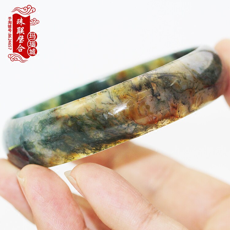 阜新天然水草苔藓玛瑙手镯半宝石无镶嵌玉石水晶玉镯子民族风