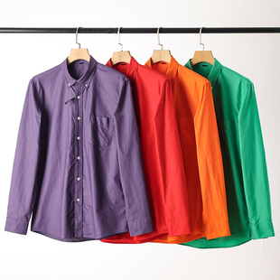 外贸秋冬新款多巴胺色系男女情侣全棉纯色彩色休闲长袖衬衫衬衣潮