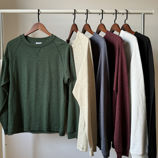 外贸日单 秋冬户外竹节纱纯色插肩袖宽松打底衫男女全棉长袖T恤潮