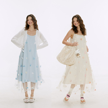 晶咕白标DADATATA轻薄坑条针织开衫女夏网纱花朵吊带连衣裙套装女