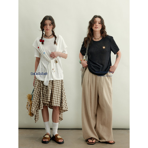 晶咕白标DADATATA【拼贴艺术】大码女装微胖披肩短袖T恤夏季上衣
