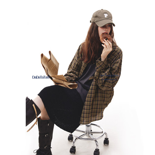 晶咕白标DADATATA【悉尼午后】格纹长袖衬衫女秋大码胖mm宽松外套