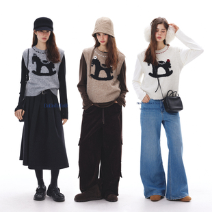 晶咕白标DADATATA灯芯绒松紧腰休闲阔腿裤撞色针织木马图案马甲女