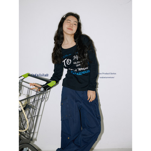 晶咕白标DADATATA【美式简括】大圆领印花长袖T胖mm大码初春穿搭