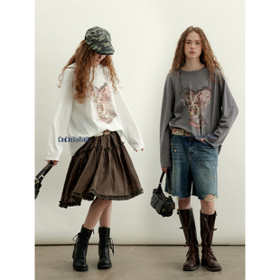 套装 晶咕白标DADATATA绑带长袖 磨破做旧牛仔中裤 印花短袖 T恤