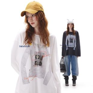 复古100棉印花长袖 美式 T恤女秋冬 黄昏唱片 晶咕白标DADATATA