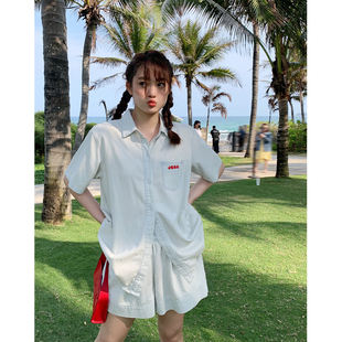 现货 晶咕家微胖定制水洗牛仔衬衫 晶咕白标 套装 女夏季 大码