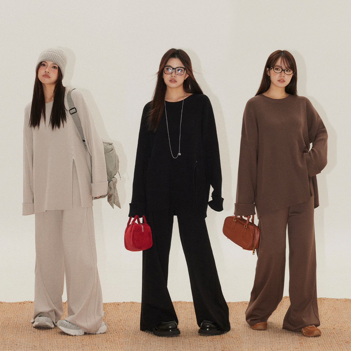 晶咕白标DADATATA 侧开叉针织上衣抽绳直筒裤子两件套时尚套装