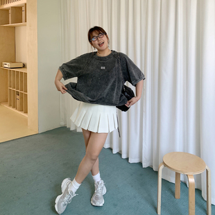 晶咕白标DADATATA砂洗刺绣T恤女夏季 上衣 大码 短袖