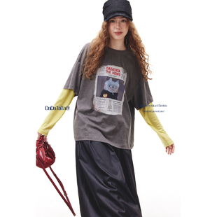 短袖 100棉胸前猫咪印花拼接袖 T恤女 画报猫咪 晶咕白标DADATATA