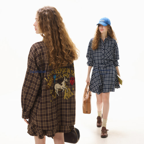 晶咕白标DADATATA【南韩艺术生】新款大码女装格纹衬衫半裙套装