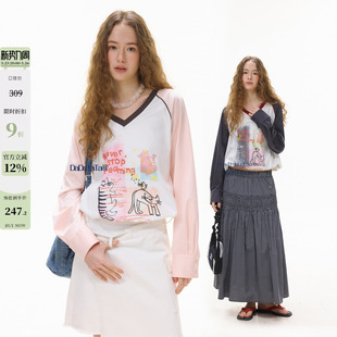 拼色V领针织长袖 甜梦猫咪 T恤 23晚8点NEW 晶咕白标DADATATA3