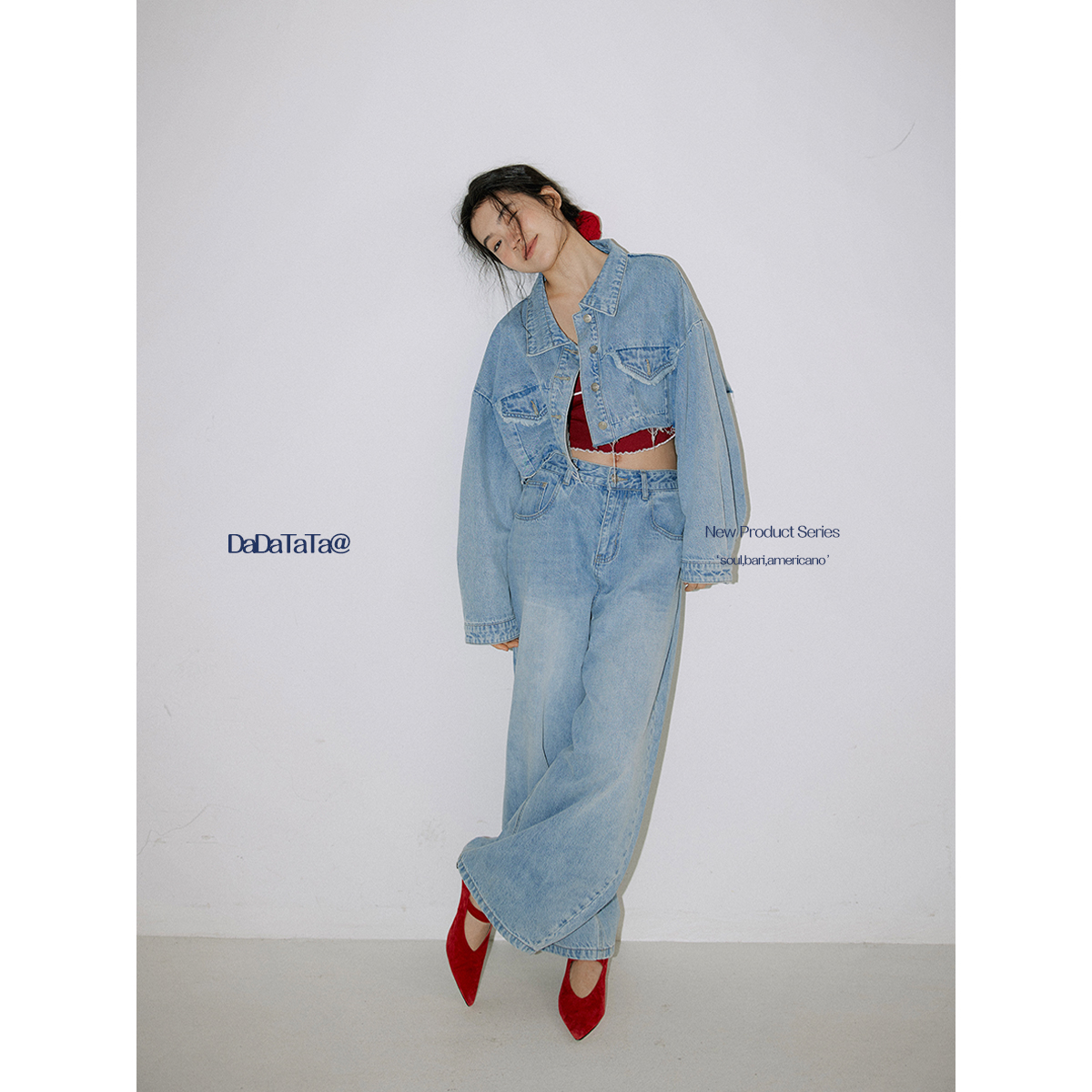 晶咕白标DADATATA牛仔套装大码女装胖mm时髦套装高级感显瘦两件套