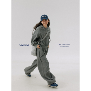 套装 胖mm大码 两件套2025新款 晶咕白标DADATATA刺绣带帽卫衣阔腿裤