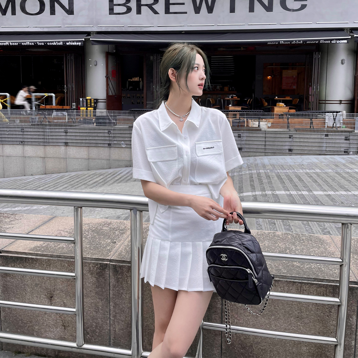 晶咕白标DADATATA短袖衬衫百褶裙女夏季大码套装