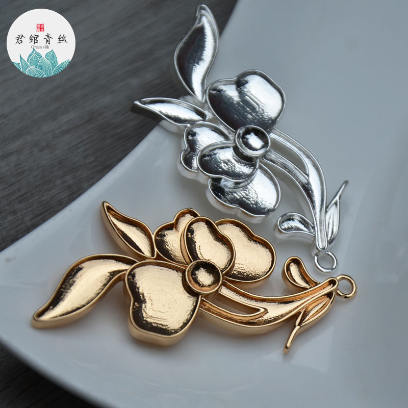 君绾青丝纯铜镀金保色发簪 花枝吊坠手工花丝镶嵌点翠胚耳饰材料