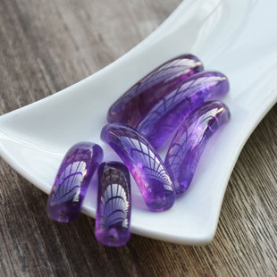 纯天然无优化紫水晶雕刻双孔 手牌 半镯吊坠手工串珠饰品配件DIY