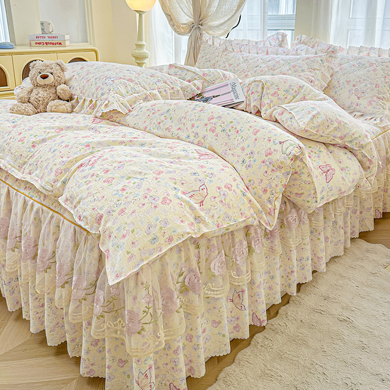 新款床裙款四件套床笠罩夹棉带花边遮丑下摆防滑四季通用纯棉全棉,床上用品,床品套件/四件套/多件套,淘宝优惠券,粉丝福利购,淘宝优惠卷