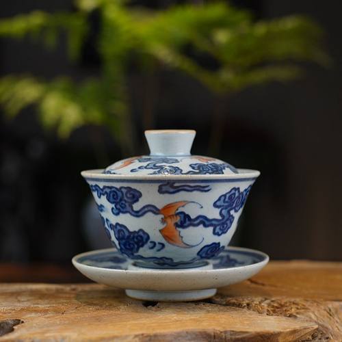 景德镇全手工陶瓷大容量手绘斗彩仿古茶碗三才大盖碗复古茶空间