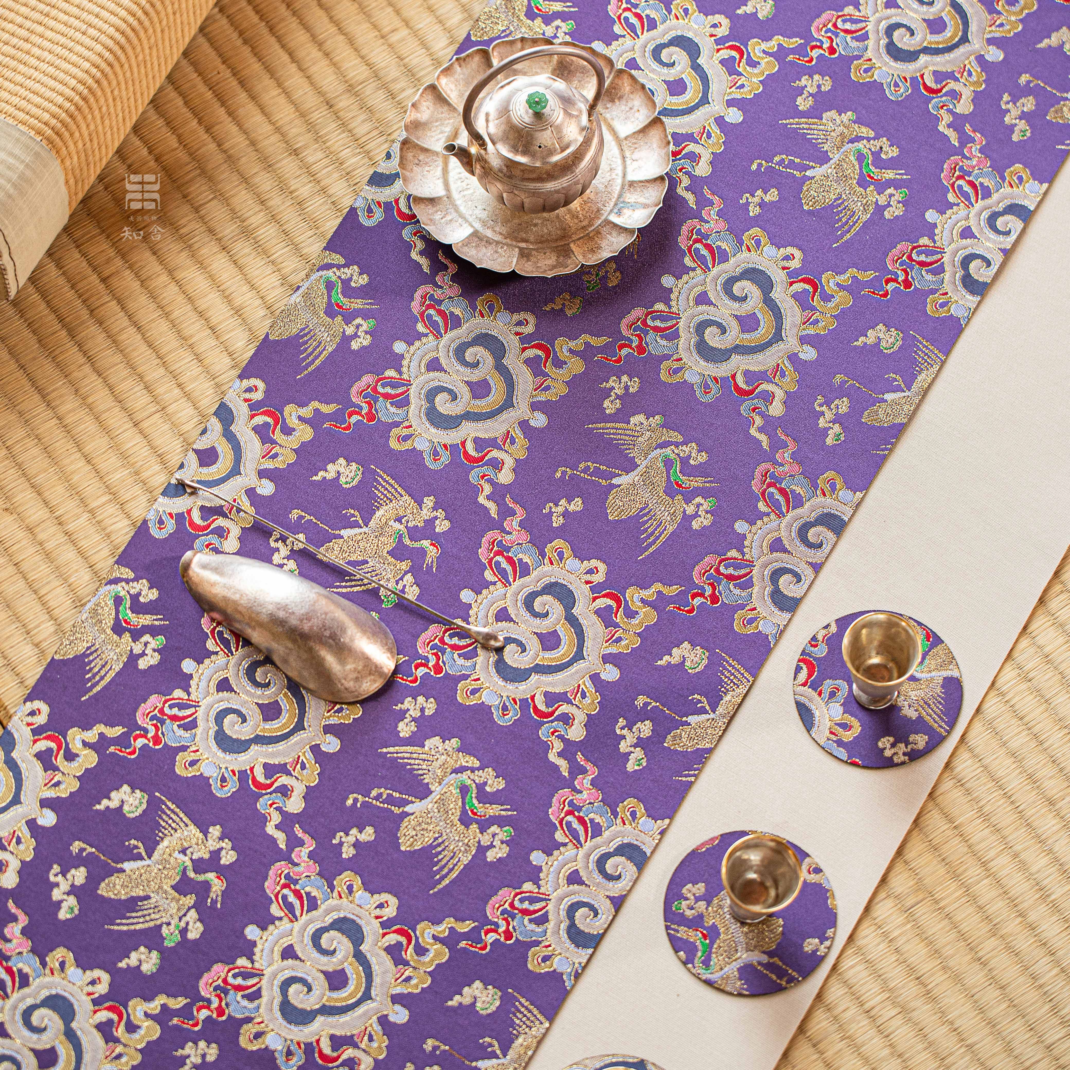 知舍·如意云鹤纹茶席套组复古新中式茶桌台布垫子双面禅意桌旗