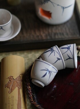 景德镇FST全手工茶杯青花瓷七碗茶诗套杯主人杯品茗杯复古铃铛杯