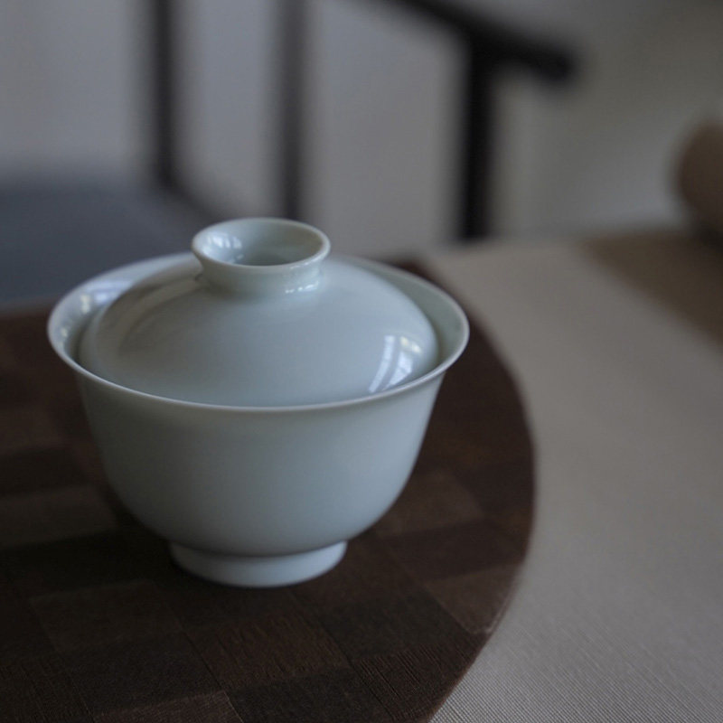 景德镇全手工仿古泥陶瓷素胎两才小盖碗薄胎功夫茶具岩茶泡茶碗