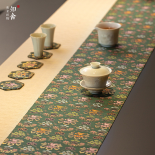 复古风宫廷布艺桌旗民宿喝茶馆酒店 知舍瑞彩玄鸟纹织锦茶席新中式