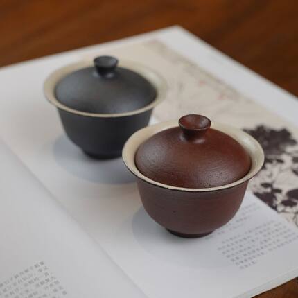 万家造物山楂红纯手工陶瓷盖碗家用复古泡茶碗粉引可养茶线手抓碗