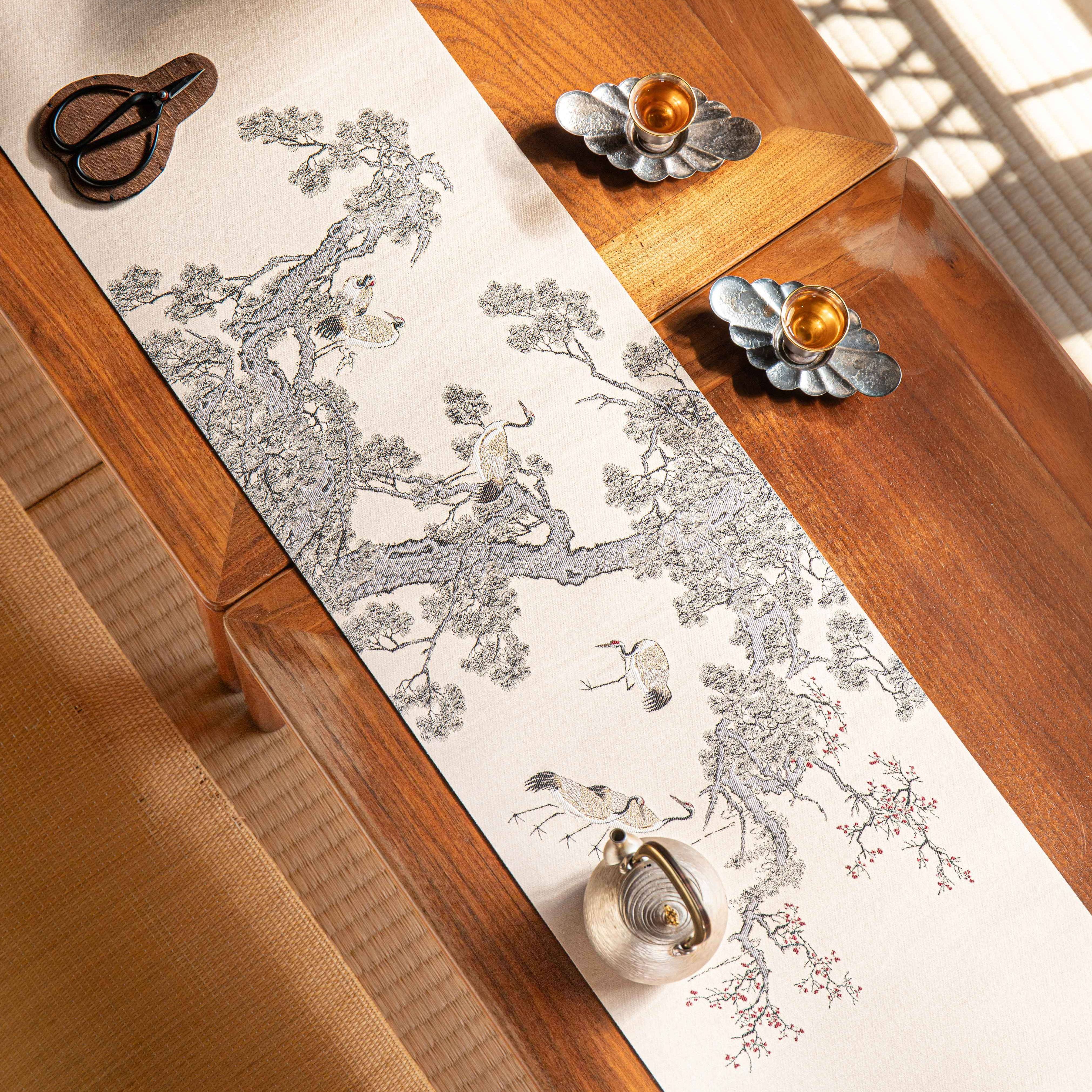 知舍·思无邪系列·松鹤图茶席复古新中式 轻奢高端 双面桌旗,居家布艺,茶席,淘宝优惠券,粉丝福利购,淘宝优惠卷