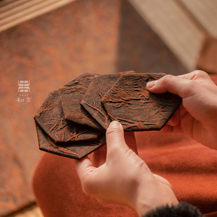 知舍·香云纱平安竹杯垫新中式复古宫廷风隔热手工双层杯垫