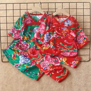 宝宝夏装套装婴儿绵绸衣服女宝宝女童新中式中国风东北大花过年服