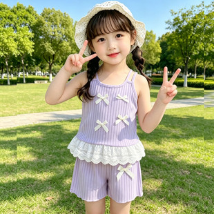 小女孩独特漂亮套装女童女宝洋气公主风冰丝轻薄吊带上衣短裤夏装