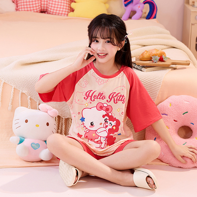 睡衣女童夏季短袖短裤儿童中大童薄款KT猫男女孩公主风家居服套装