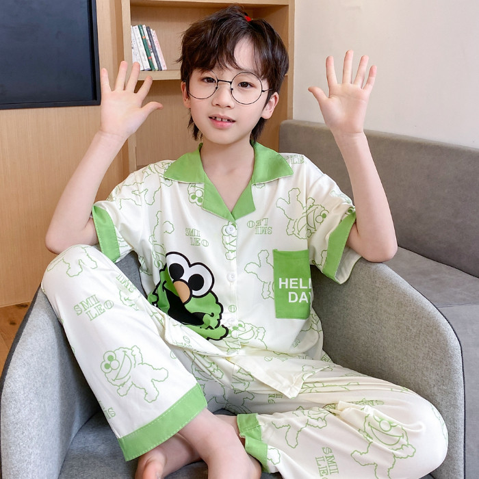 儿童睡衣青少年芝麻街中大男童春夏季短袖长裤翻领男孩家居服套装
