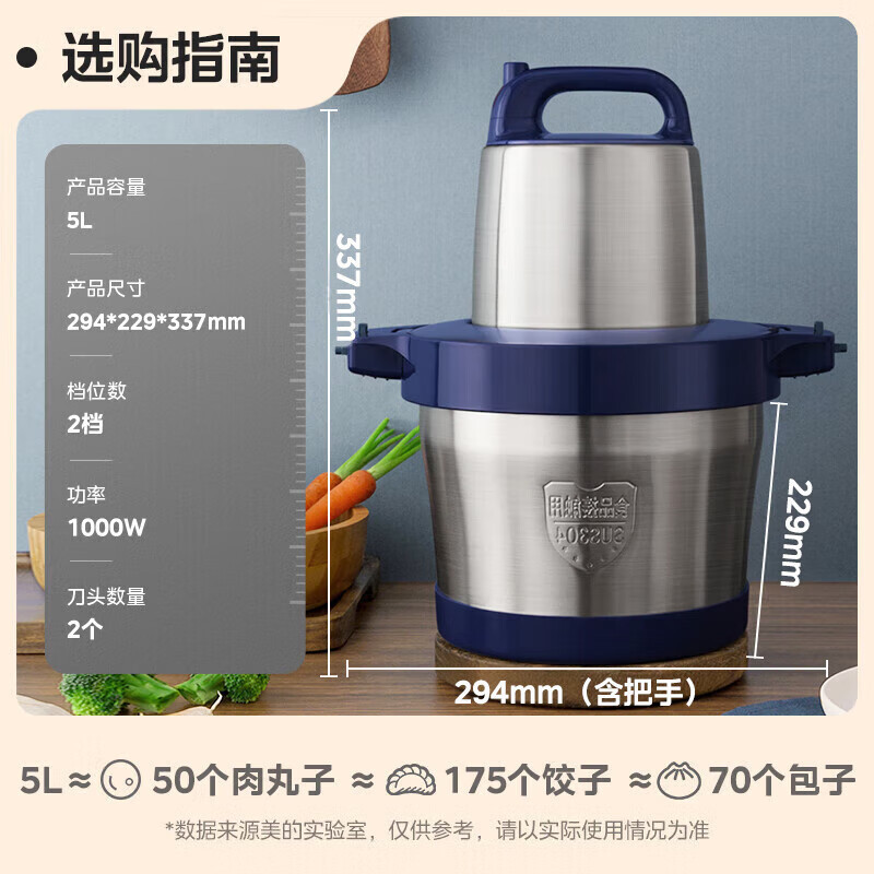 美的MJ-BL90R03绞肉机家用5L大容量电动多功能料理机搅拌机 蓝色
