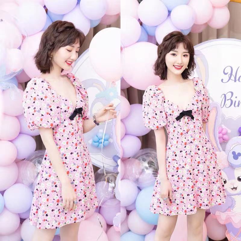 Spring new style Mao Xiaotong's birthday same Pink Daisy floral dress collar French waist skirt