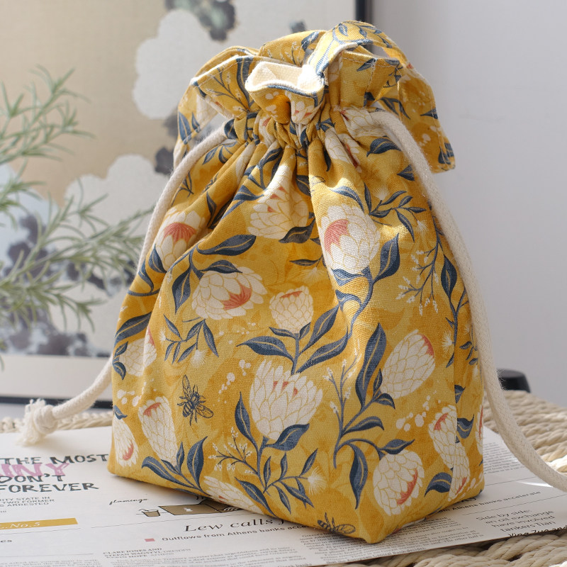 黄色花朵手拎袋化妆包收纳袋双层加厚纯棉护肤品束口袋抽绳袋