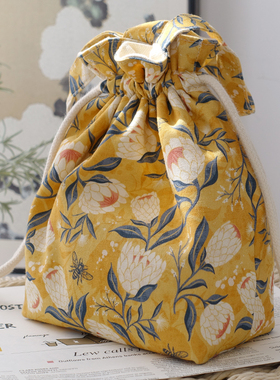 黄色花朵手拎袋化妆包收纳袋双层加厚纯棉护肤品束口袋抽绳袋