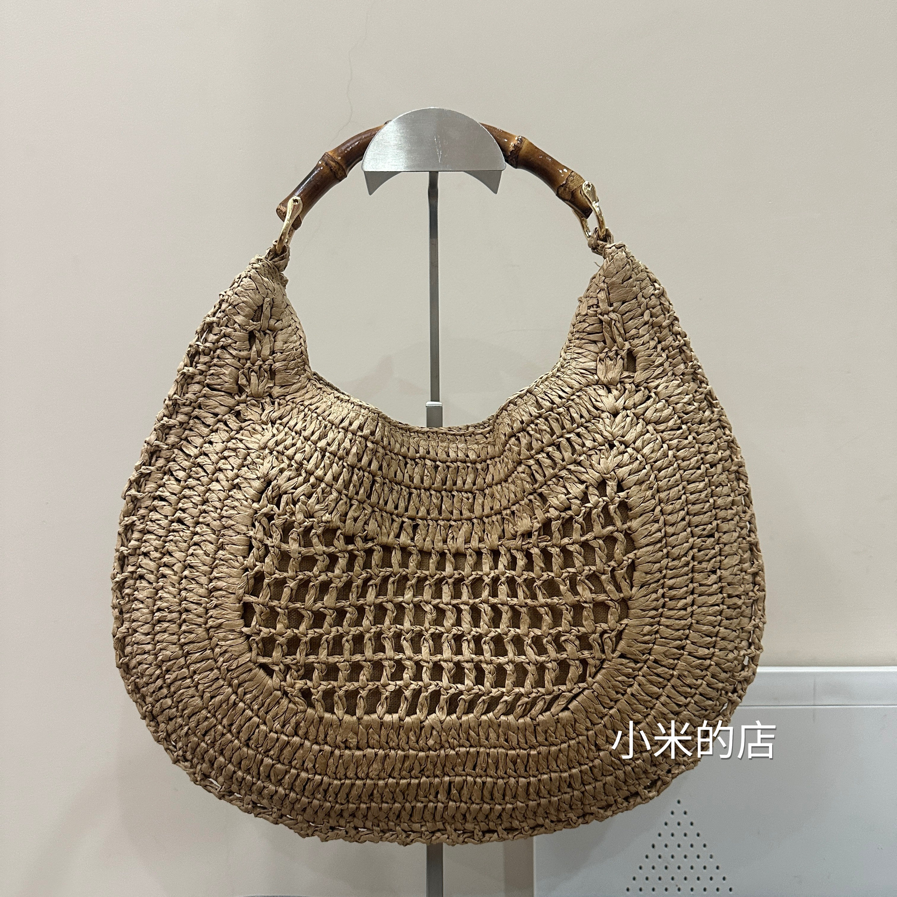 西班牙品牌 26年编织竹把手购物包海边度假包 月亮包纸草手工镂空