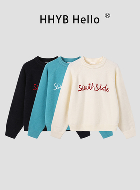 HHYB别来无恙 绒感字母绣花毛衣女2025新款秋冬圆领套头卫衣M1355