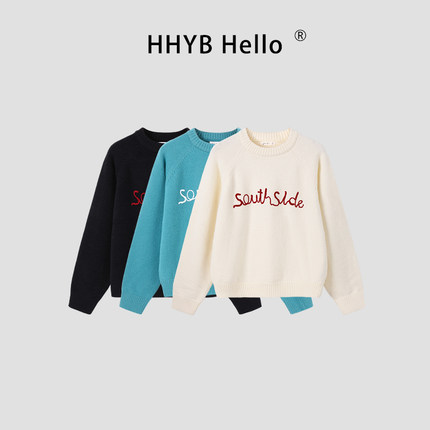 HHYB别来无恙 绒感字母绣花毛衣女2025新款秋冬圆领套头卫衣M1355